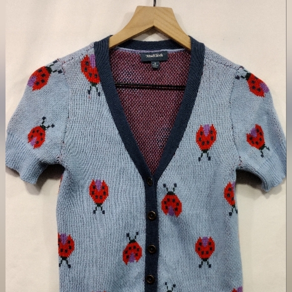 ModCloth Ladybug Knit Short Sleeve Cardigan Sweater Womens S Blue Red Artsy - Picture 3 of 9